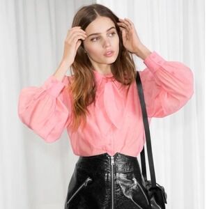 & Other Stories Pink Sheer‎ Bow Tie Long Sleeve Blouse Top Shirt 6 Coquette